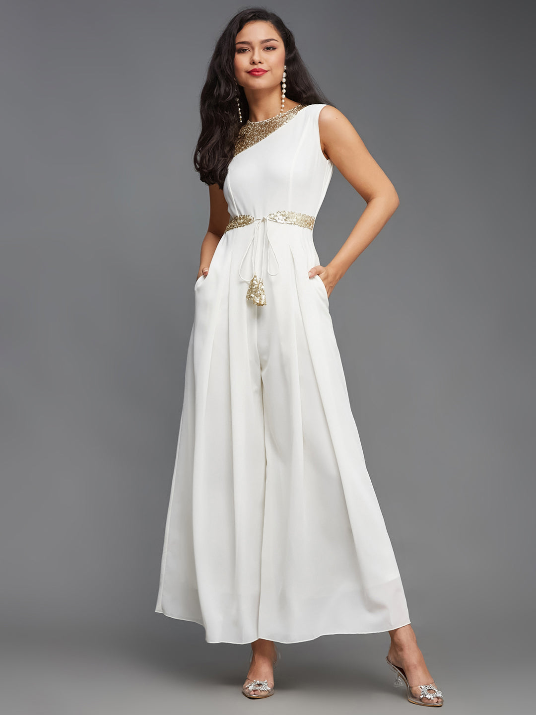 Women's Off-White Relaxed Fit Sleeveless Gold Sequined Round Neck Ankle-Length Straight Party Jumpsuit
