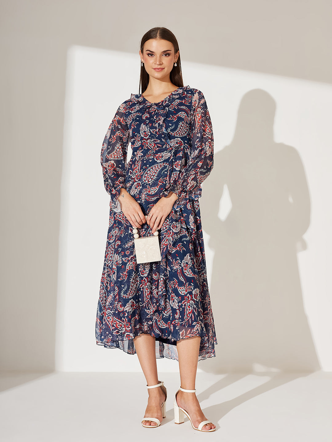 Women's Multicolored-Base-Navy Blue V Neck Full Sleeves Polyester Relaxed Fit Midi Length Dress