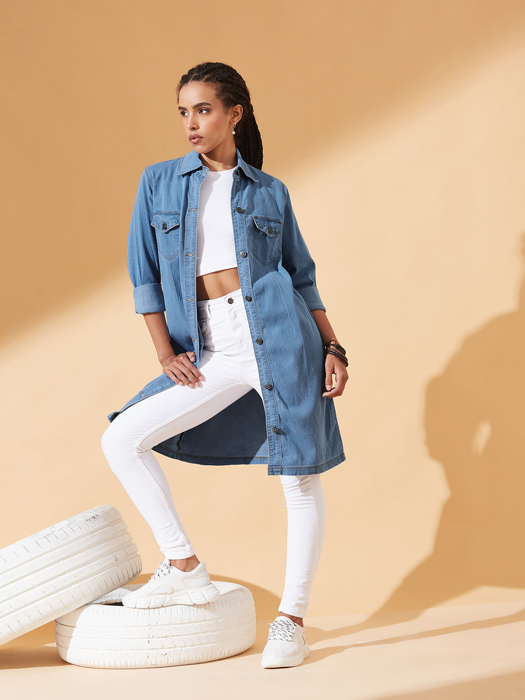 Blue Polo Neck Full Sleeves Denim Knee-Long Shrug for Women