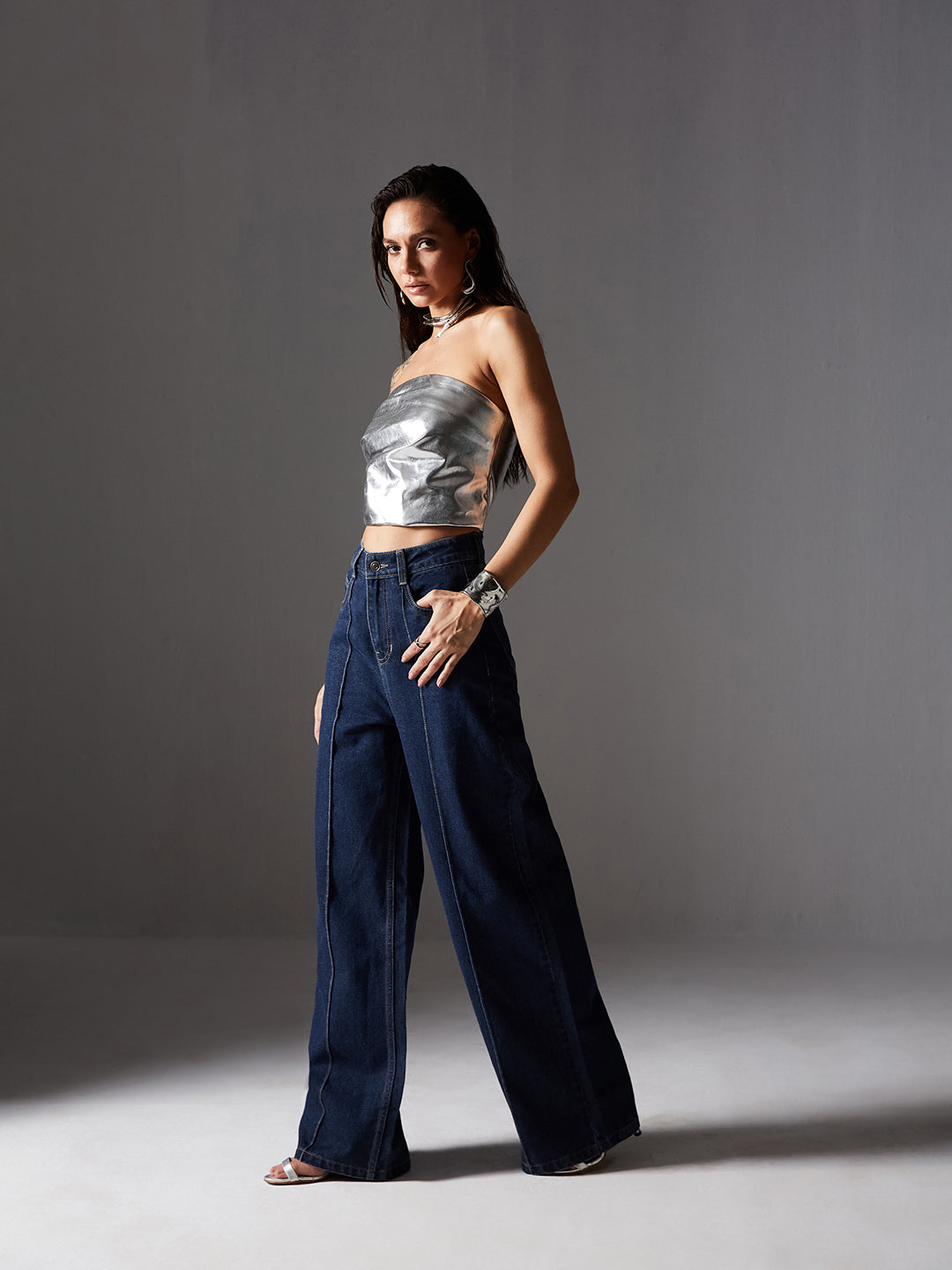 Women's Navy-Blue Wide-Leg High-Rise Non-stretchable Denim Jeans