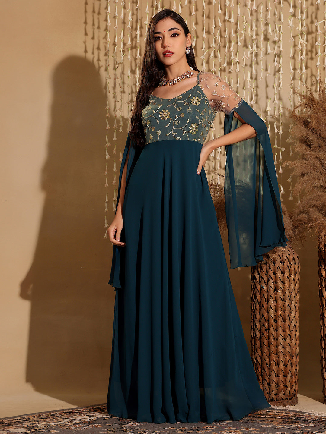 Women's Teal V-Neck Full Sleeve Embroidered Fit & Flare Georgette Maxi Dress