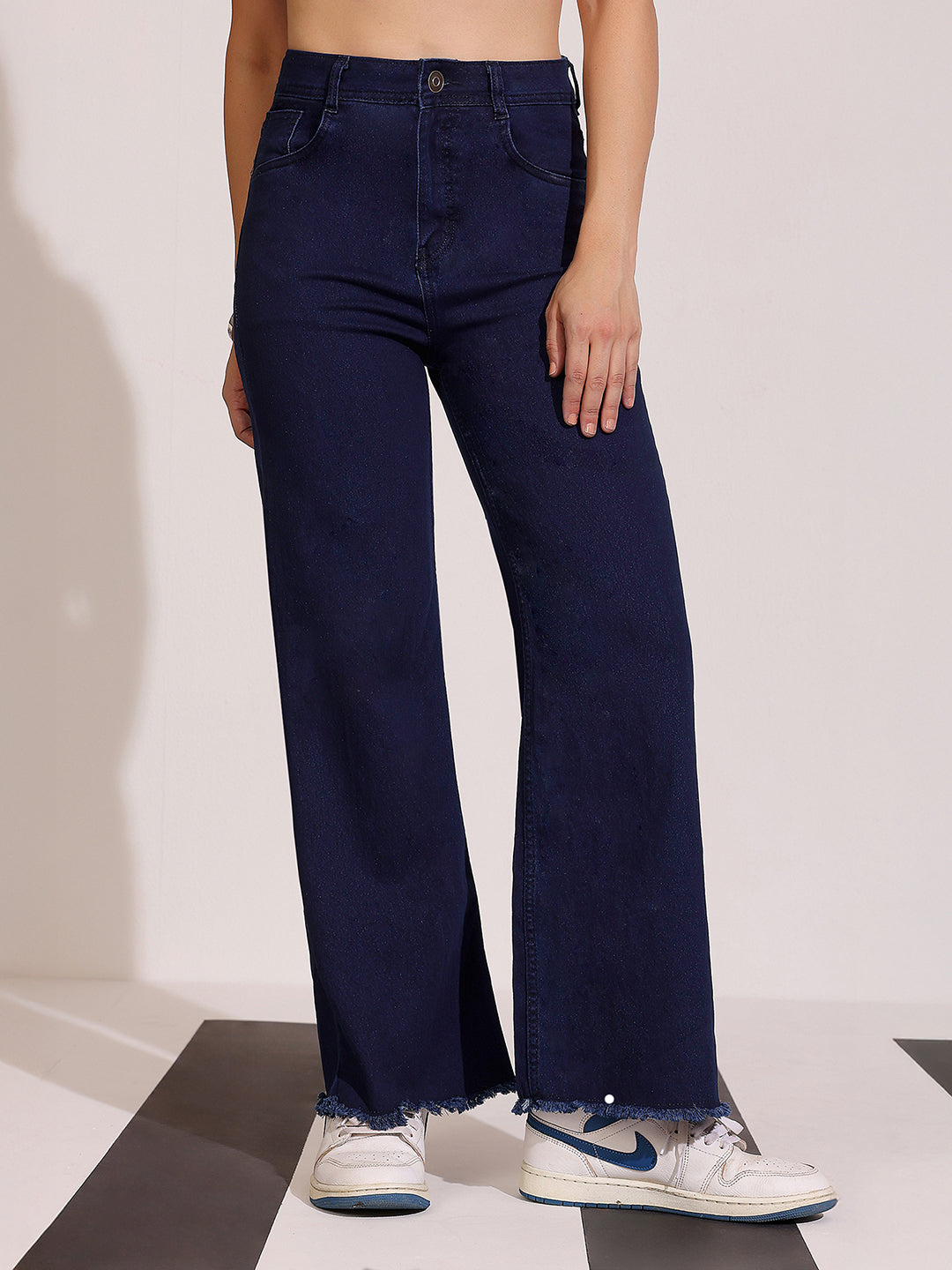 Women's Navy Blue Wide-Leg High-Rise Clean-Look Regular-Length Stretchable Denim Jeans