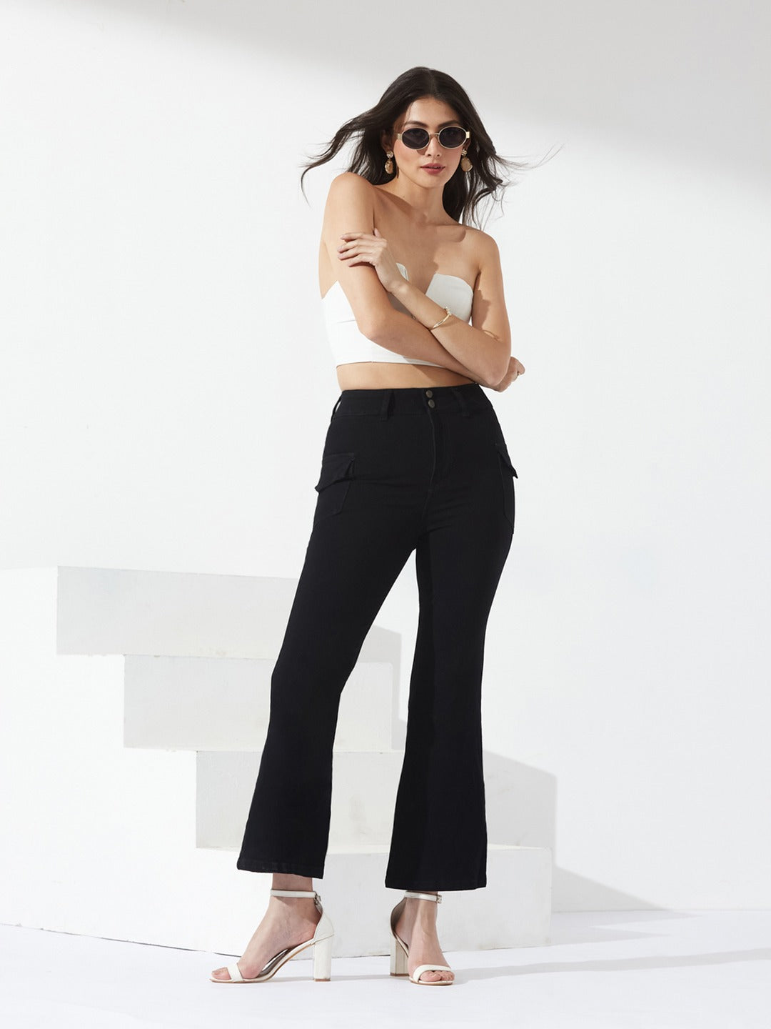 Black Bootcut high-rise Stretchable Denim Jeans for Women