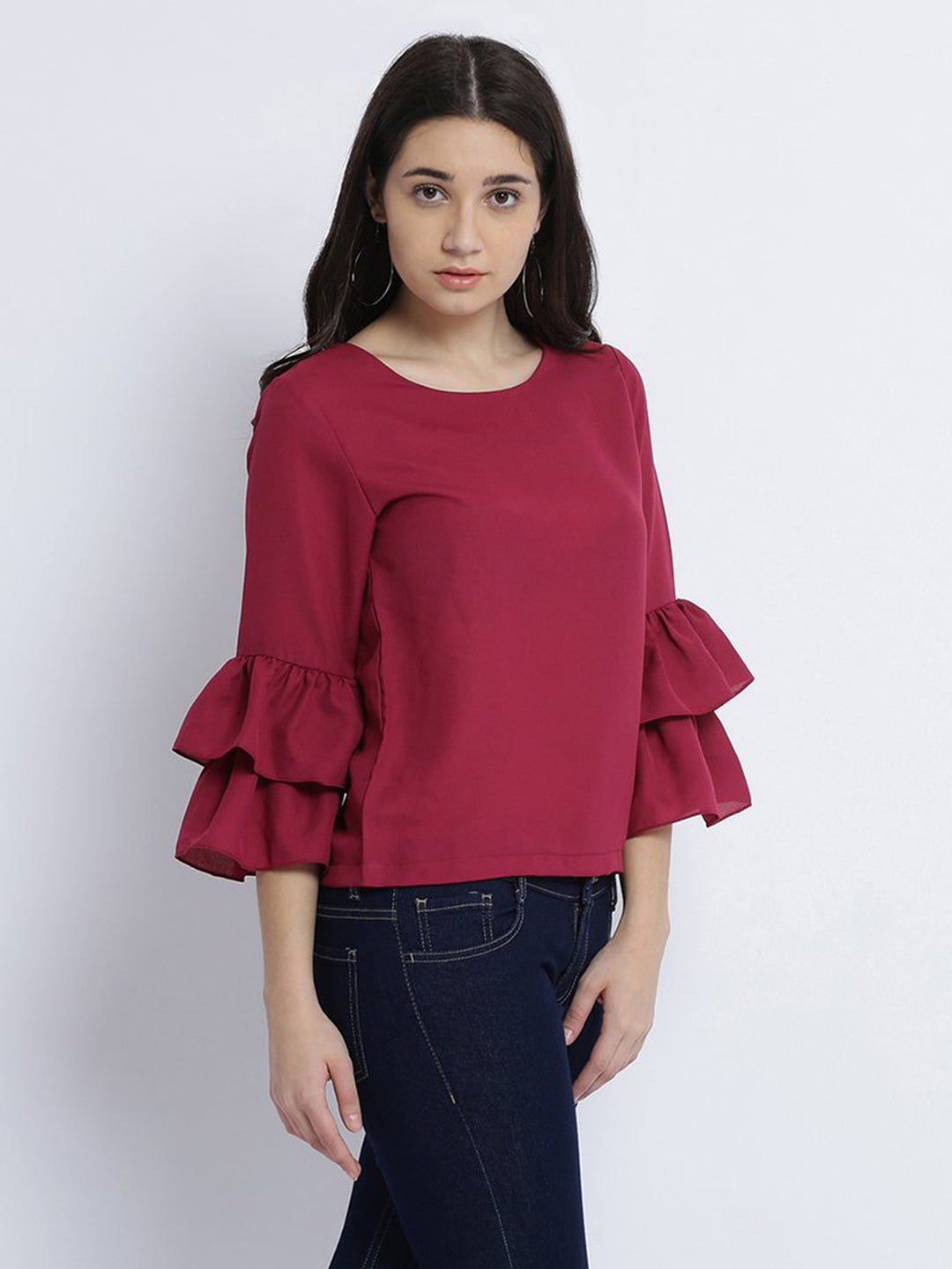Women's Magenta Round Neck Full Sleeve Solid Frilled Ruffled Top