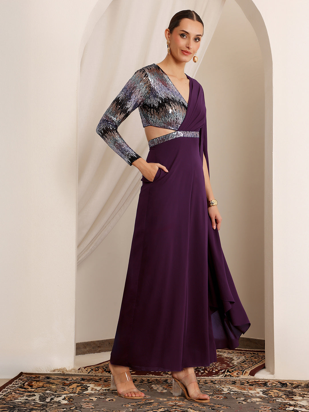 Women's Dark Purple V-Neck Asymmetric Embellished Georgette Jumpsuit