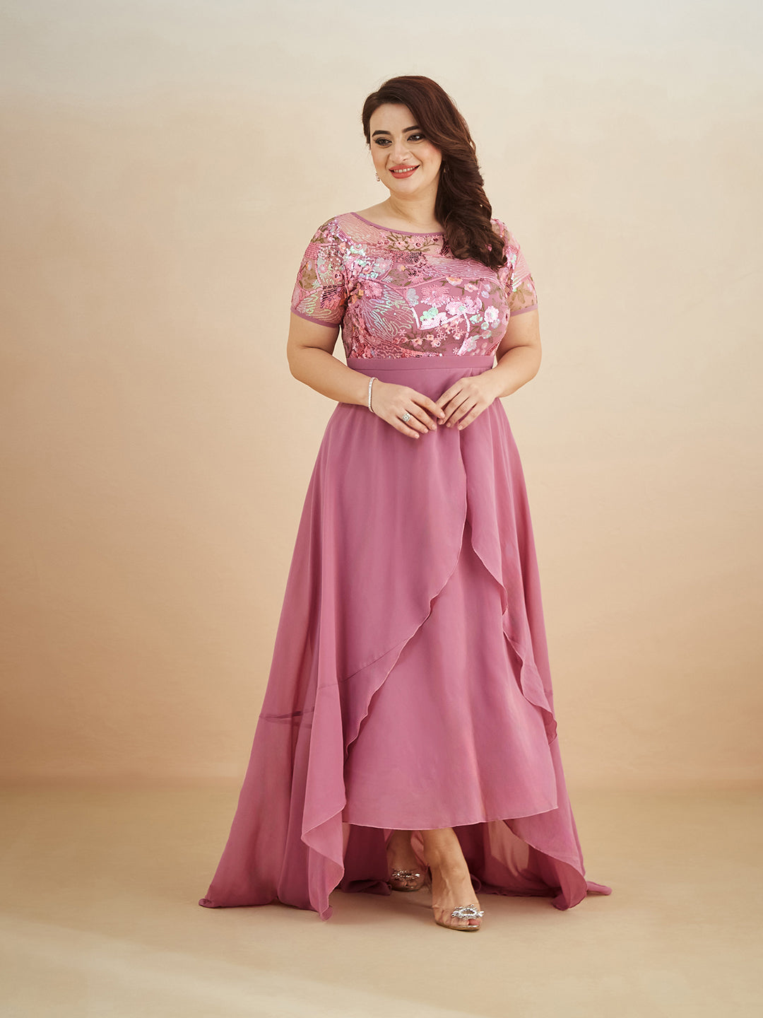 Multicolored-Base-Dusty Lavender Round Neck Short Sleeve Floral Layered Georgette Midi Dress for Women