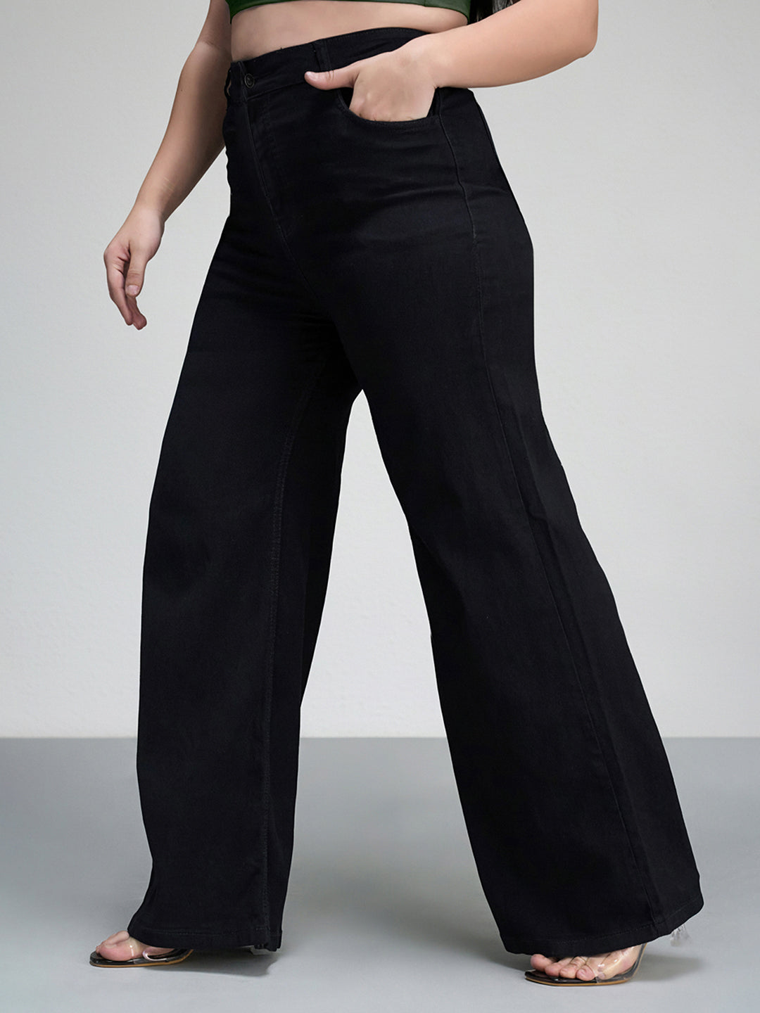 Black Wide Leg High Rise Stretchable Denim Jeans for Women