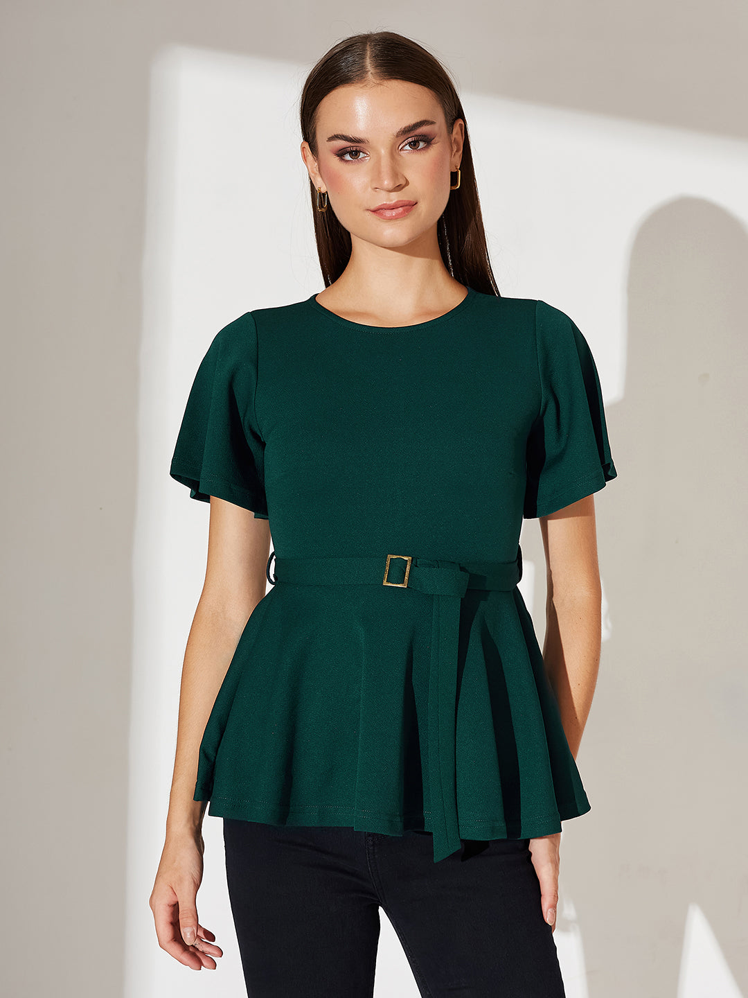 Green Solid Polyester Slim Fit Round Neck Short Sleeve Regular Length Top for Women — Miss Chase