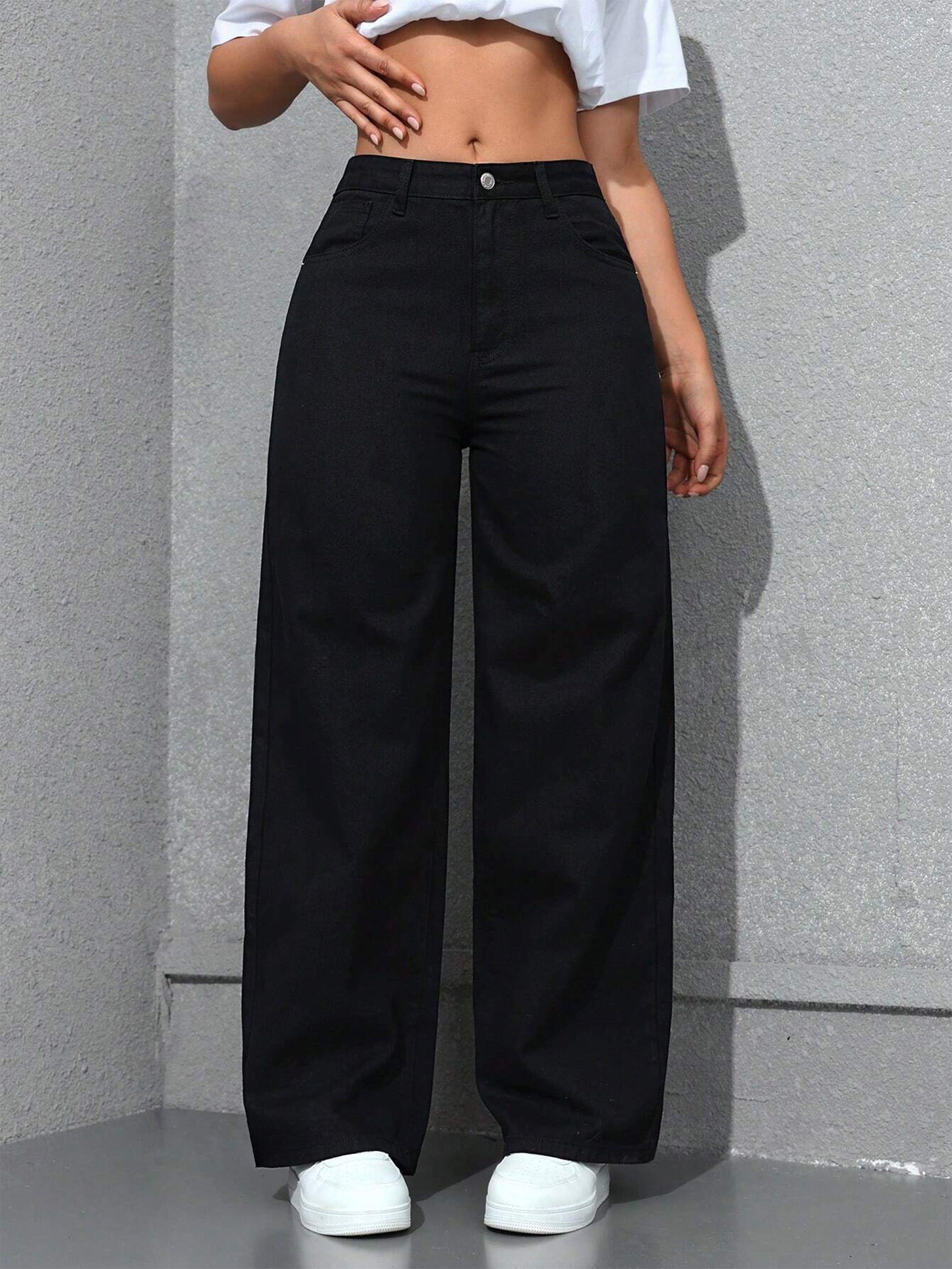 Women's Black Wide-Leg High-Rise Clean-Look Regular-Length Stretchable Denim Jeans
