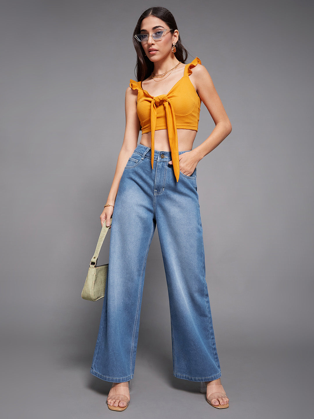 Women's Light Blue Wide-Leg High-Rise Non-stretchable Denim Jeans