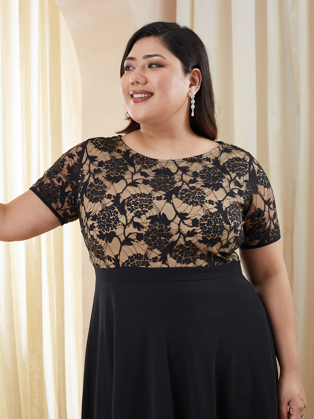 Black Round Neck Half Sleeve Self Design Fit & Flare Georgette Maxi Dress for Women