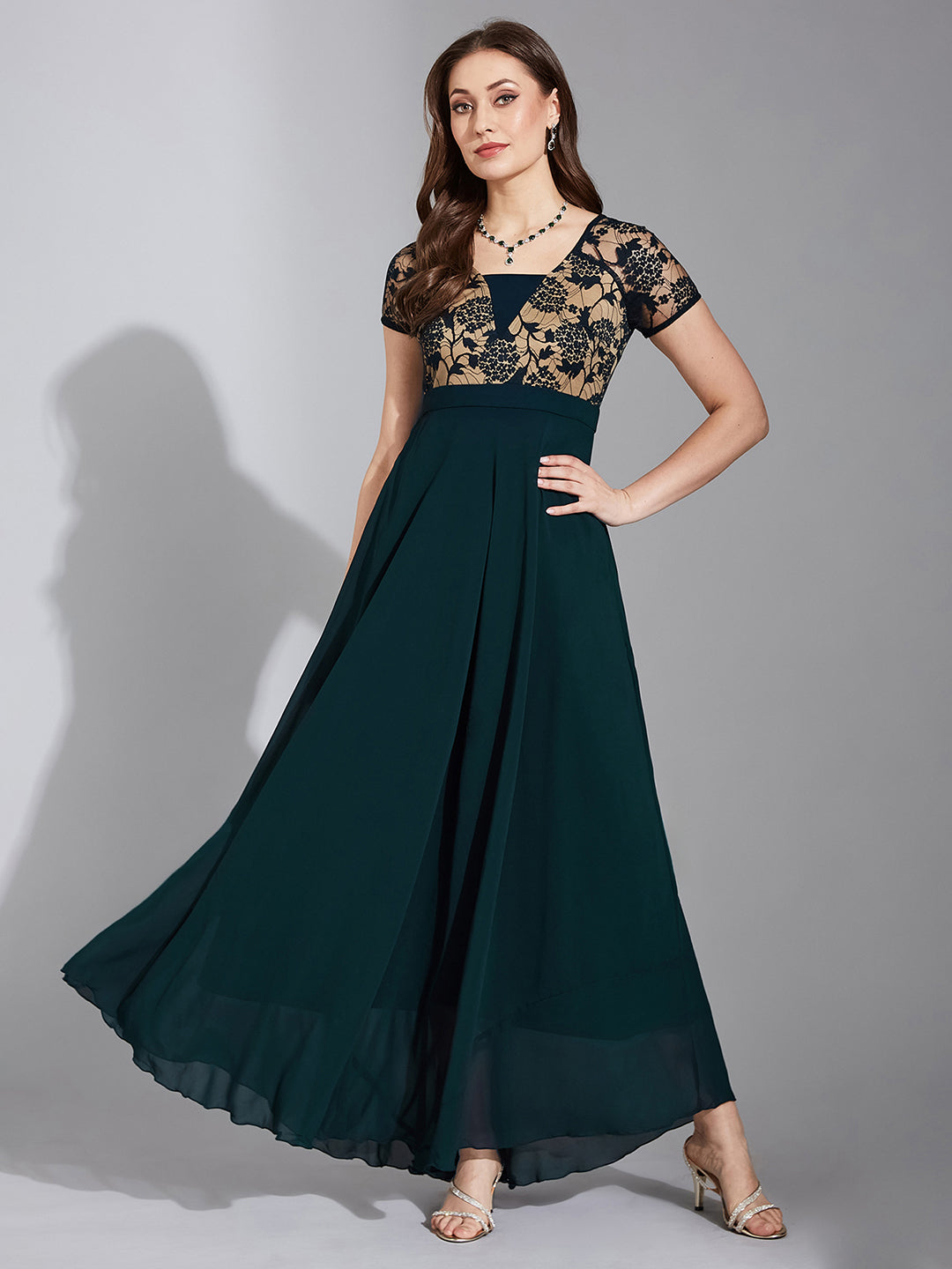 Women's Teal Square Neck Raglan Short Sleeve Self Design Lace Overlaid Georgette Maxi Dress