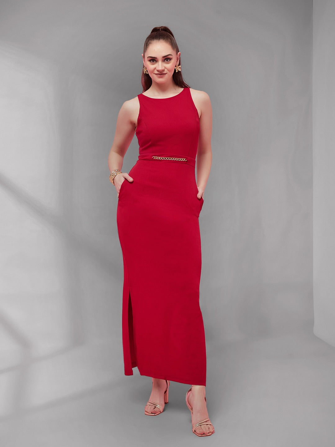 Cherry Red Solid Slim Fit Round Neck Sleeveless Maxi Dress for Women