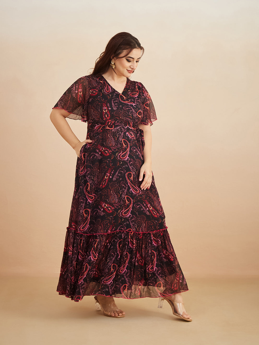 Multicolored-Base-Black Bohemian V-Neck Flutter Sleeve Chiffon Relaxed Fit Wrap Maxi Dress for Women