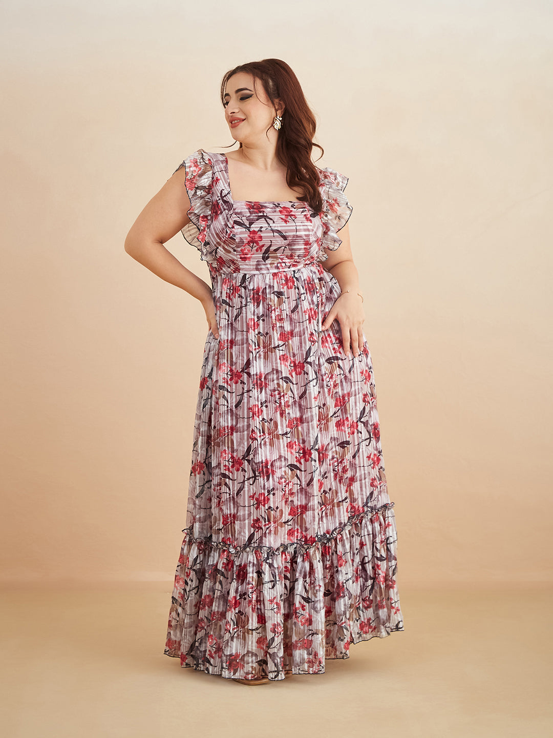 Multicolored-Base-Off White Square Neck Layered Ruffles Sleeve Floral Patterned Tiered Maxi Georgette Dress for Women