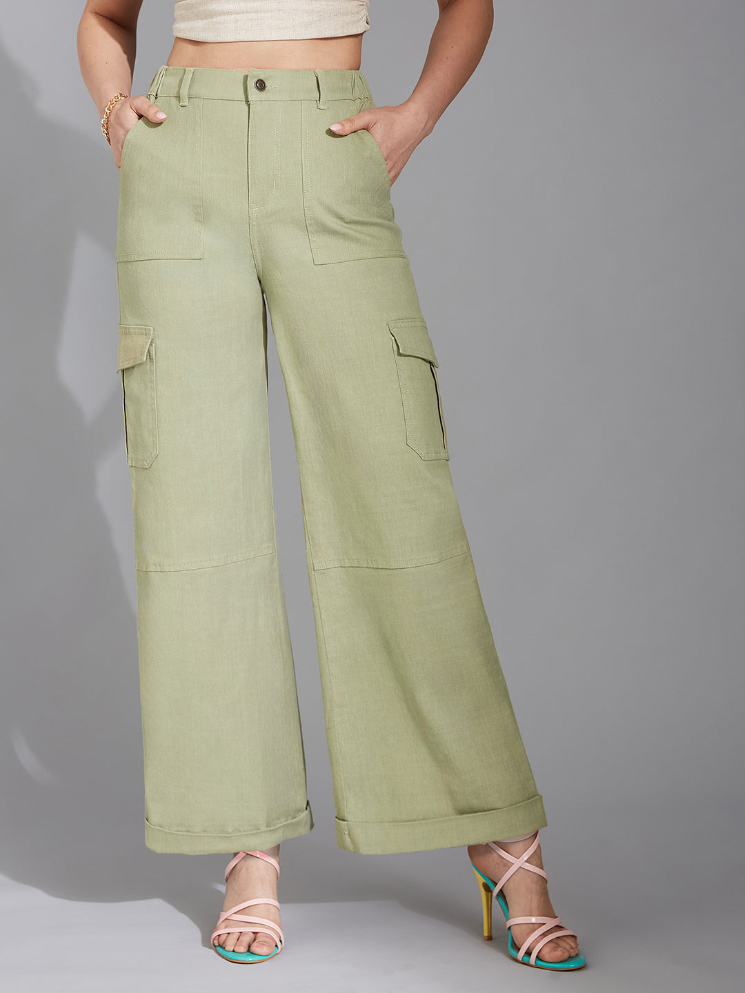 Women's Olive Wide-Leg High-Rise Clean-Look Regular Stretchable Denim Jeans