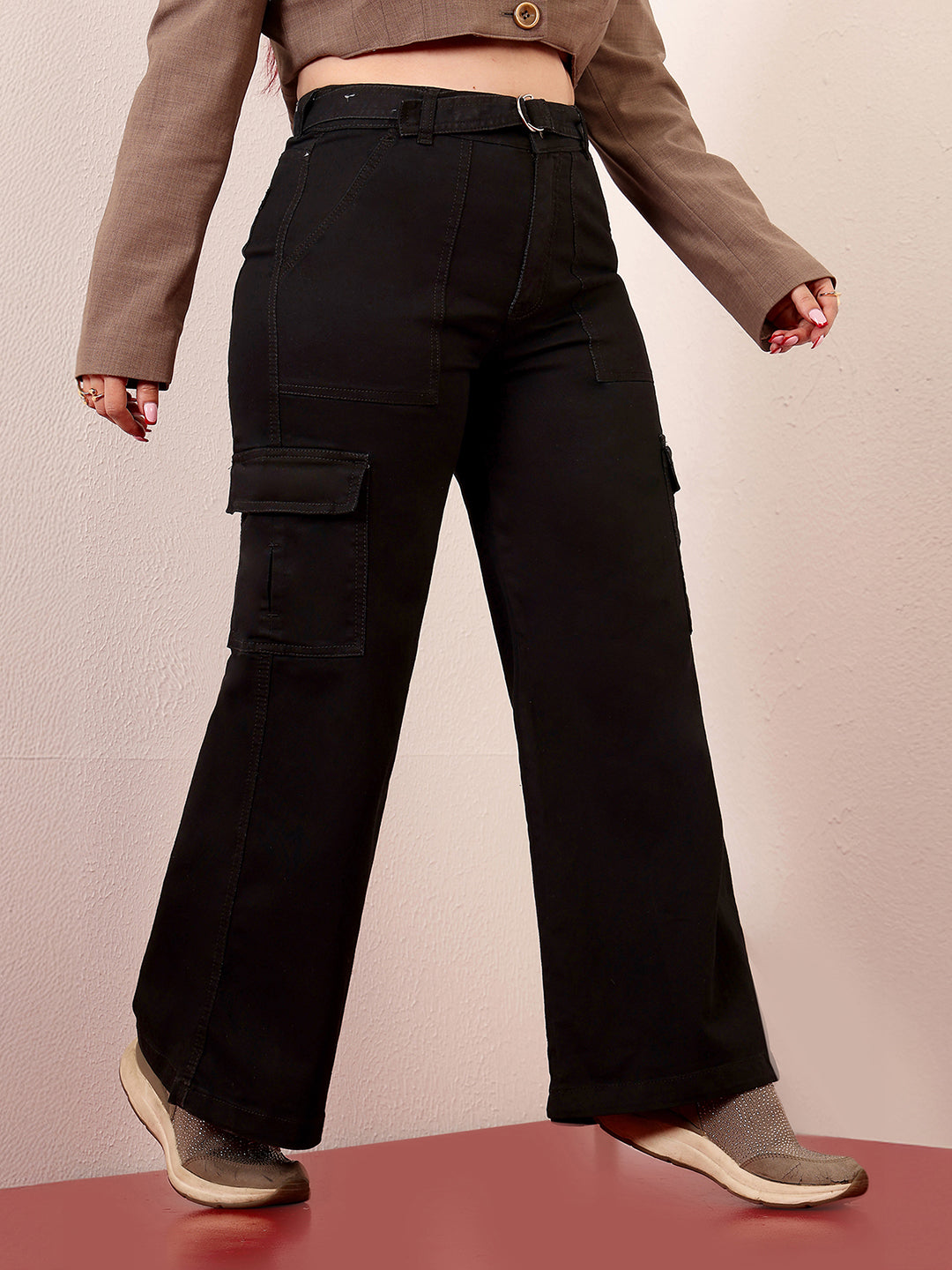 Women's Black Wide-Leg High-Rise Clean-Look Stretchable Denim Jeans