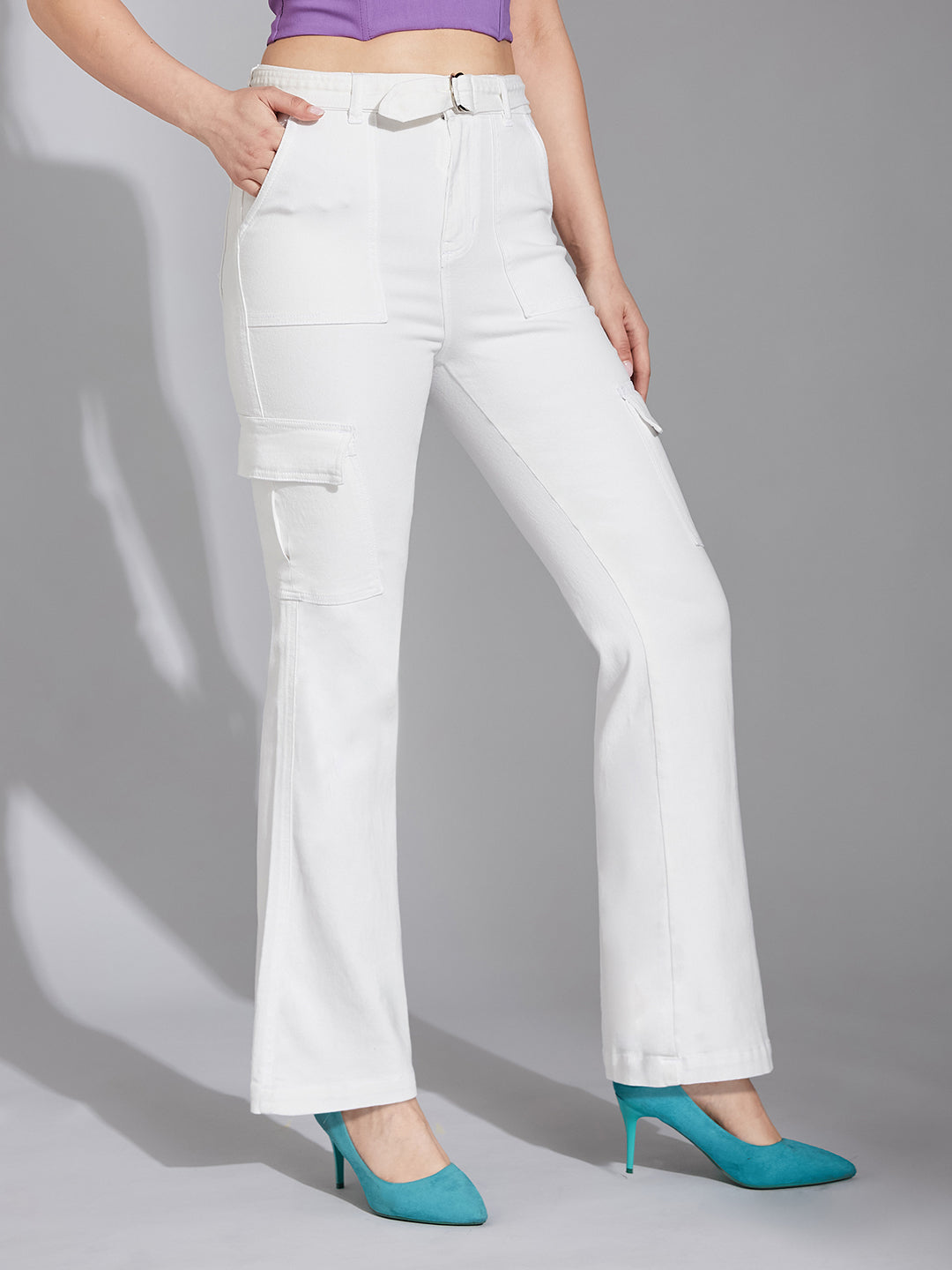 Women's White Wide-Leg High-Rise Clean-Look Regular Stretchable Denim Jeans