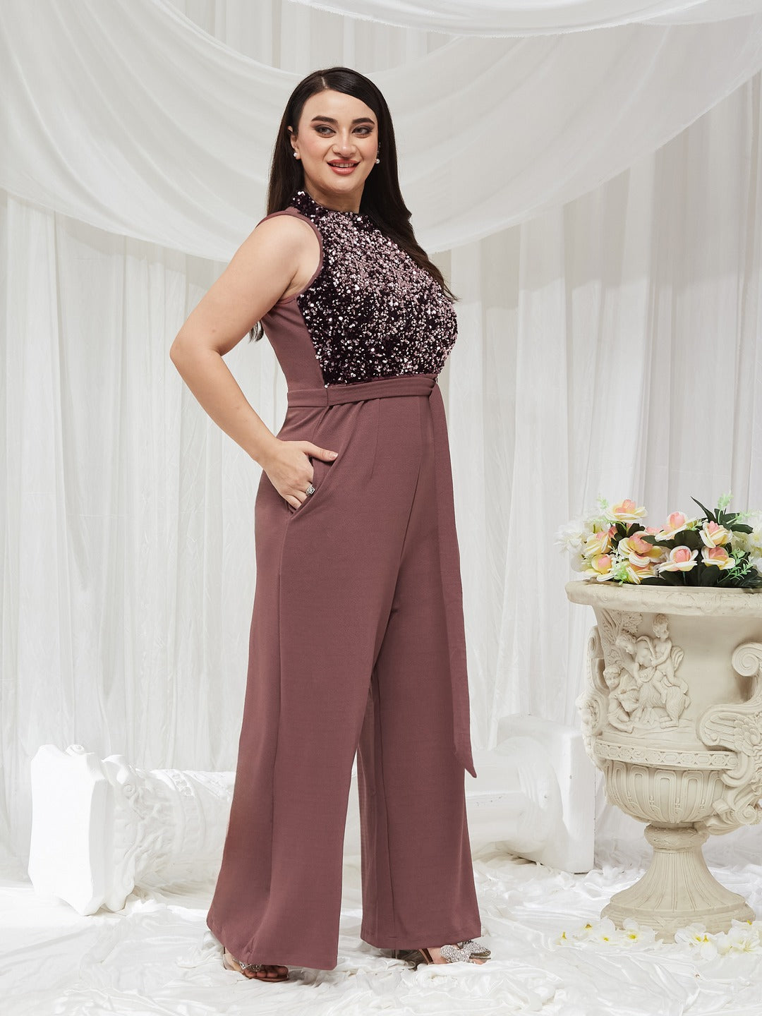 Mauve Sleeveless Embellished Halter Neck Regular Jumpsuit for Women