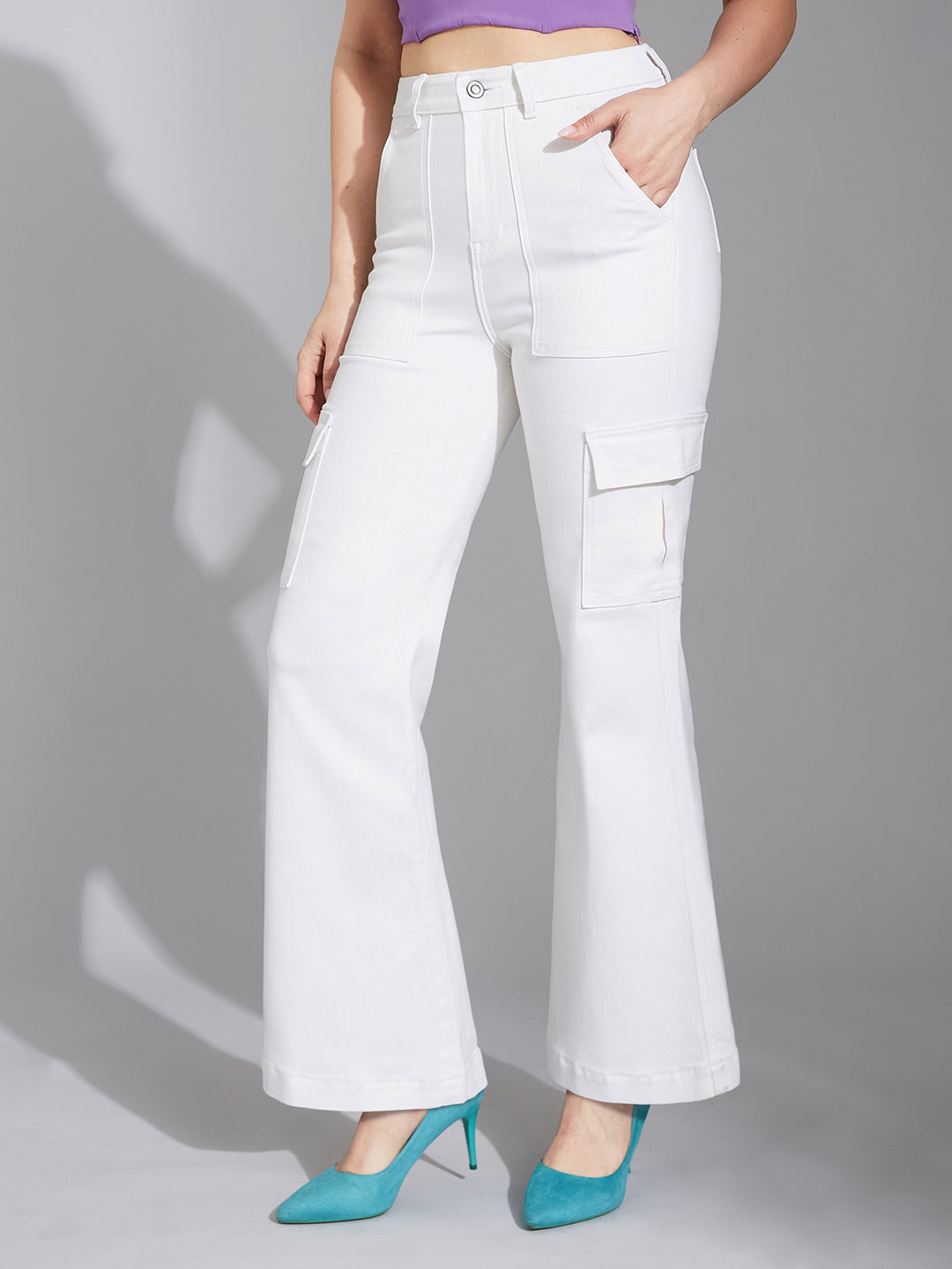 Women's White Wide-Leg High-Rise Clean-Look Stretchable Denim Jeans