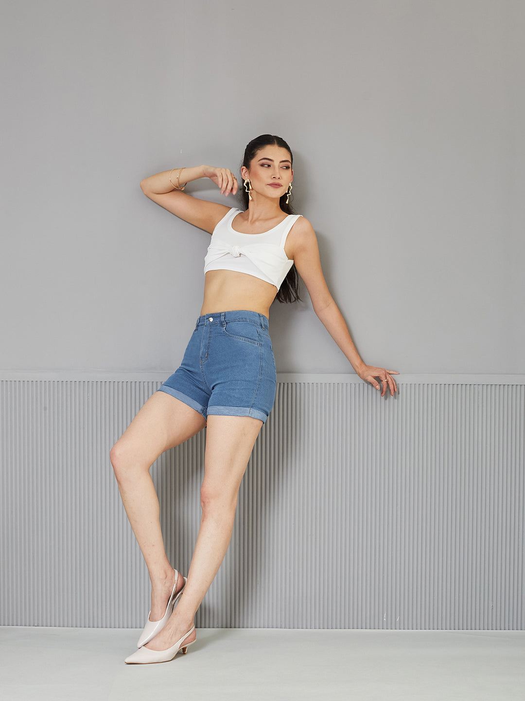 Blue Relaxed Fit Mid-Rise Light Weight Denim Shorts for Women