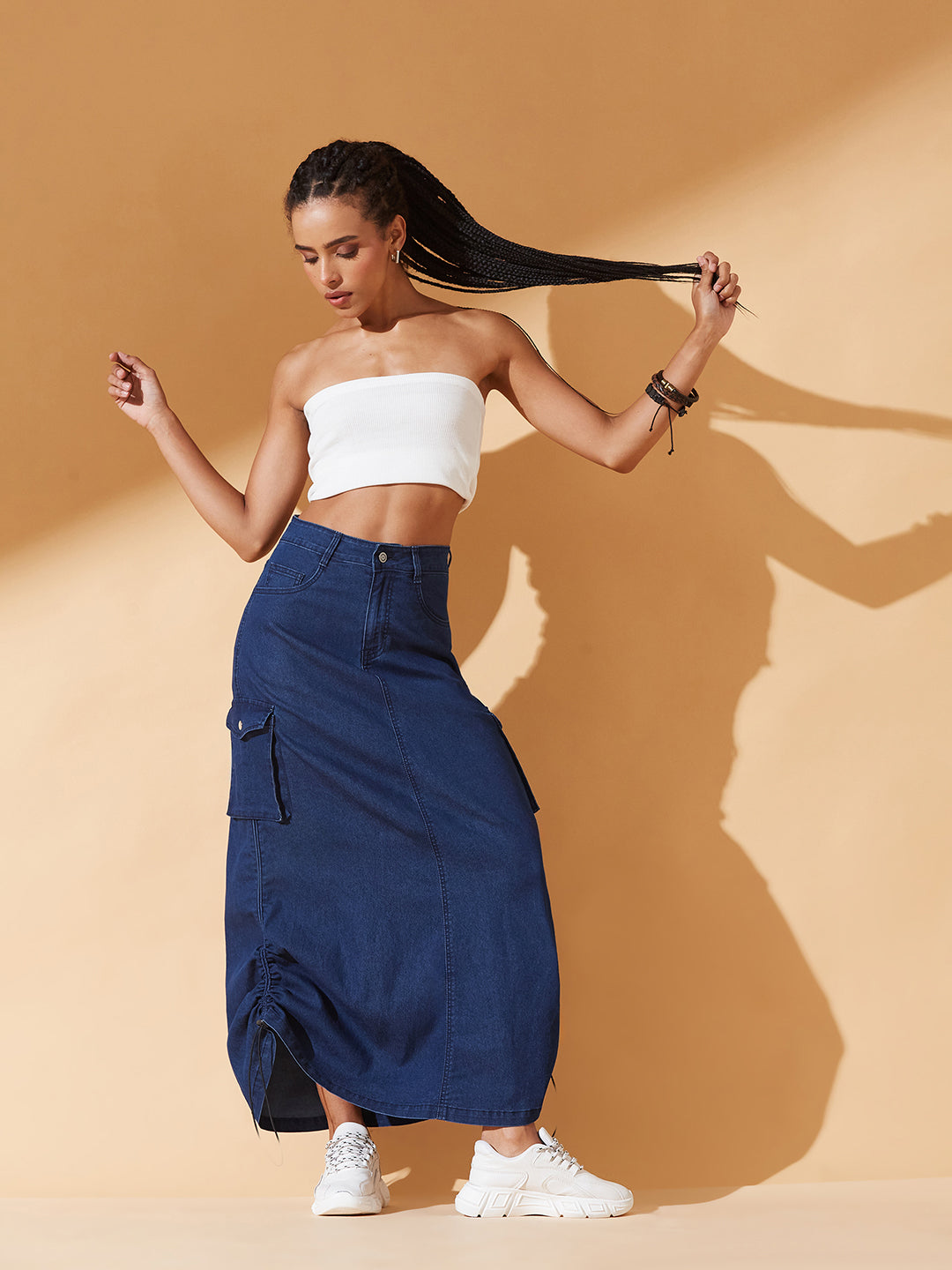 Navy-Blue Baggy High-Rise Ruched Parachute Stretchable Denim Midi Skirt for Women