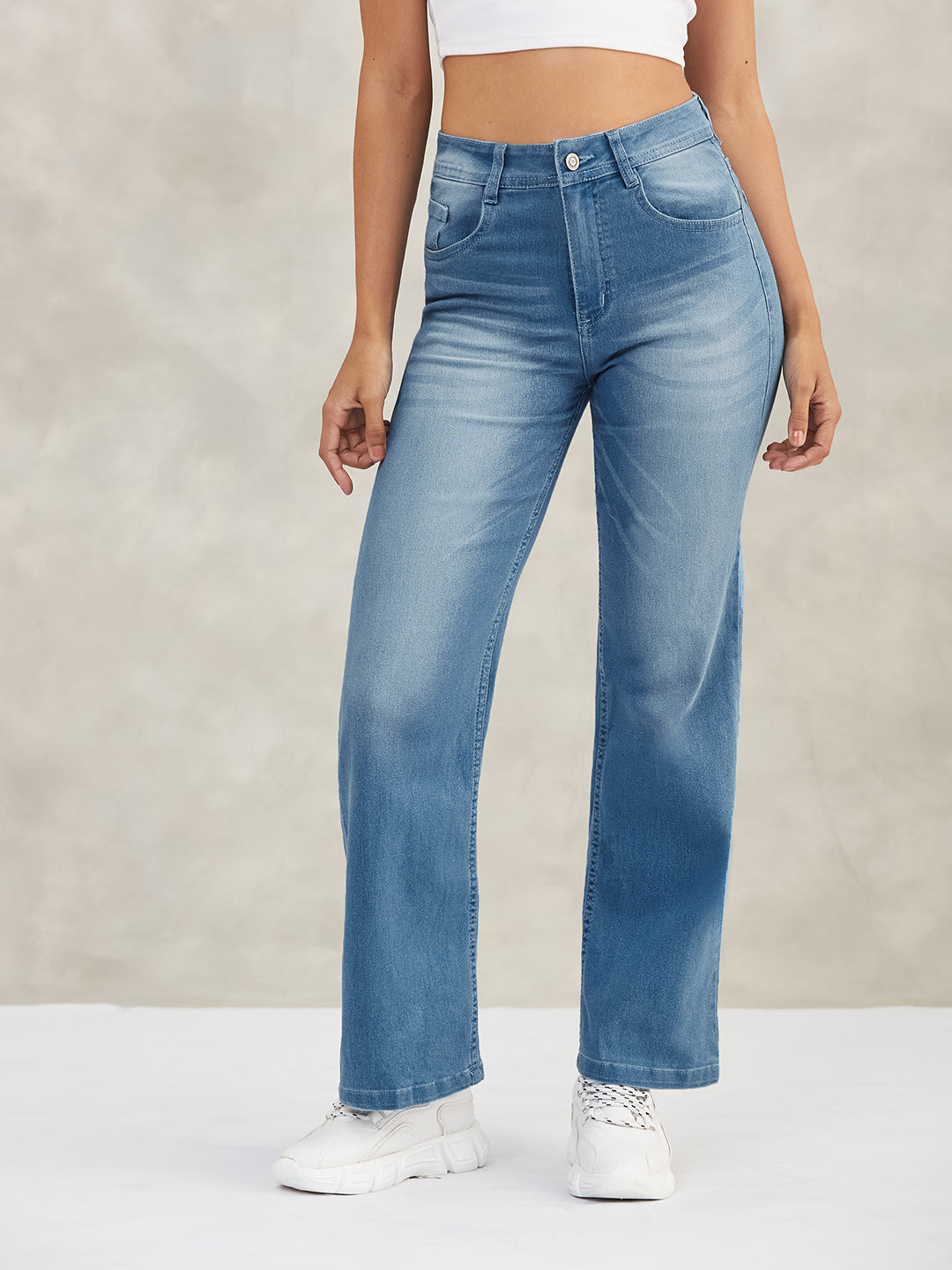 Women's Light Blue Wide-Leg Mid-Rise Blast-Effect Lightweight Denim Jeans