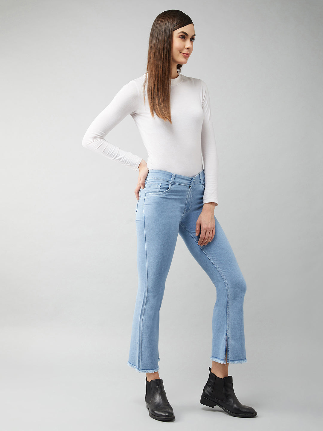 Women's Light Blue Bell-Bottom Semi Bootcut High-Rise Cropped Stretchable Denim Jeans