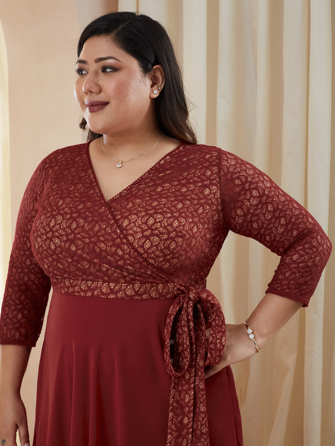 Maroon Floral Printed Relaxed Fit V-Neck 3/4th Sleeve Georgette Maxi Dress for Women