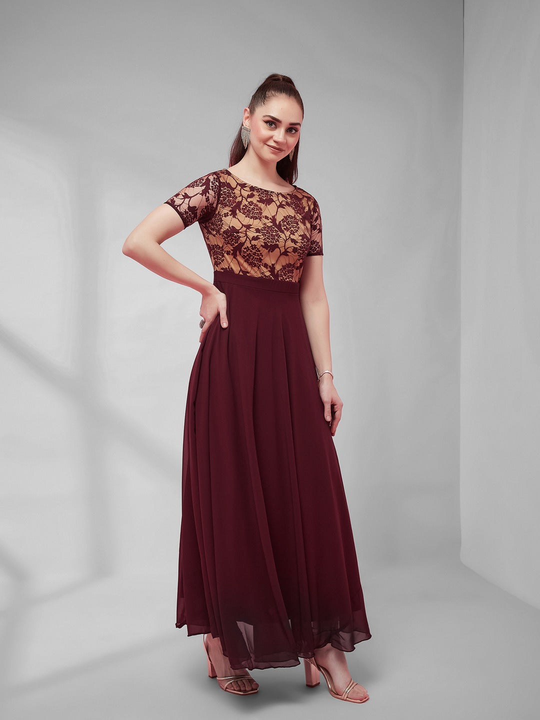 Wine & Beige Relaxed Fit Regular Georgette Dress for Women
