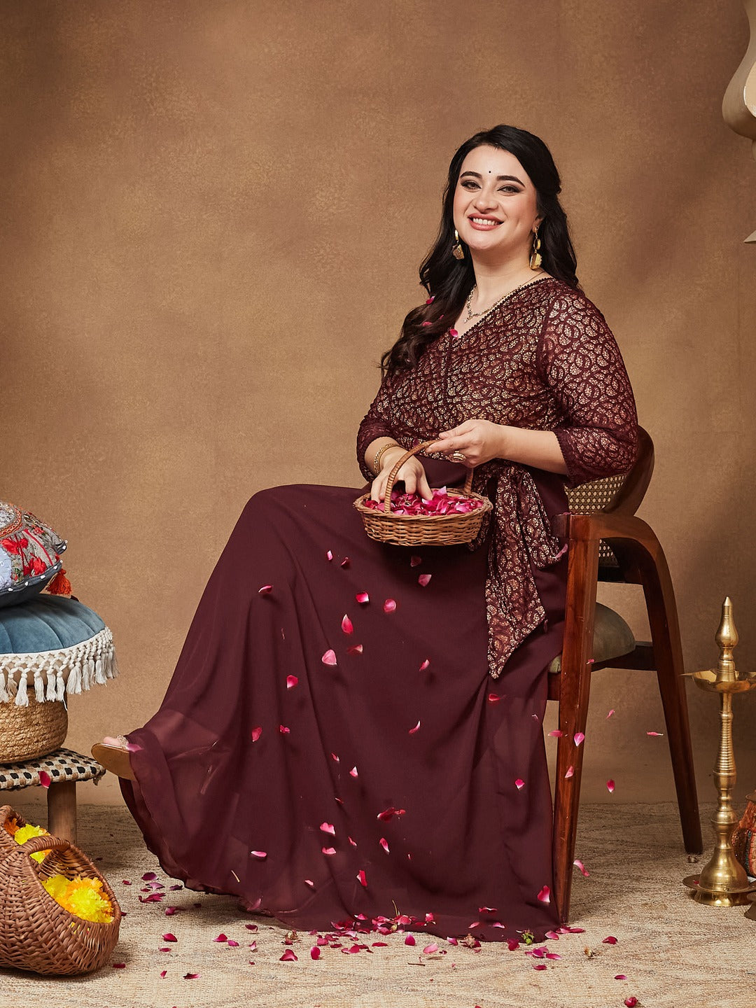 Wine V-Neck 3/4 Sleeve Floral Wrap Georgette Maxi Dress for Women