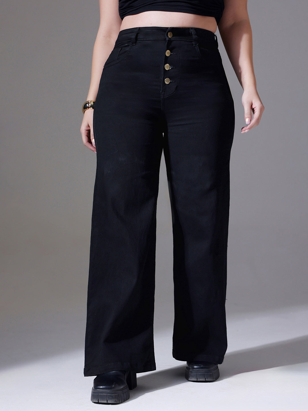 24/7 Comfort Black Wide-Leg High-Rise Clean-Look Regular Stretchable Denim Jeans