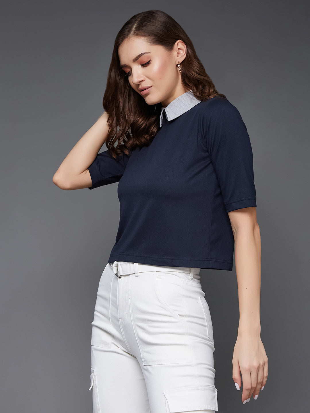 Women's Navy Blue and Grey Collar Neck Half Sleeves Solid Boxy Crop Top