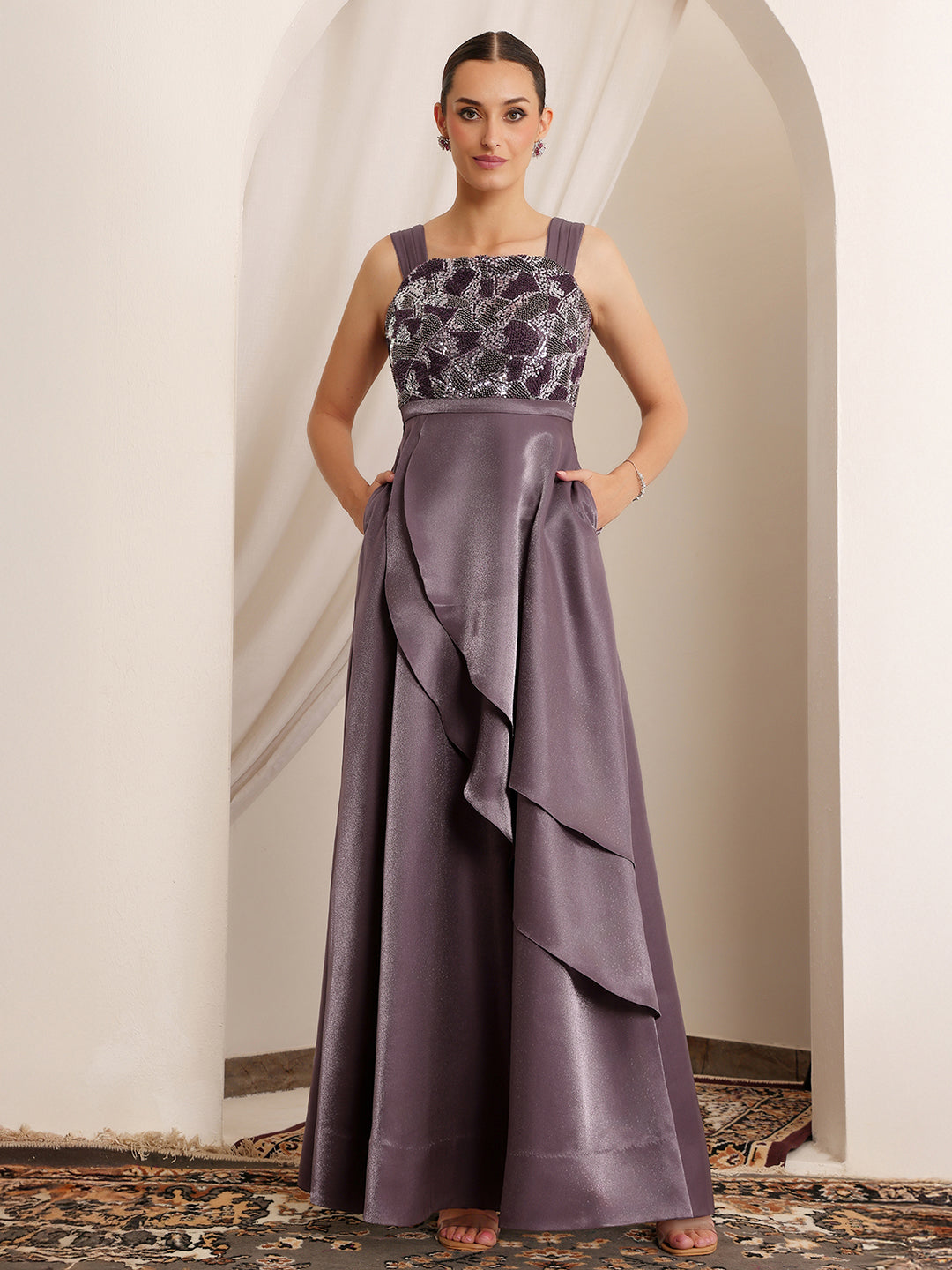 Women's Dusty Purple Square Neck Sleeveless Embellished Layered Satin Maxi Dress
