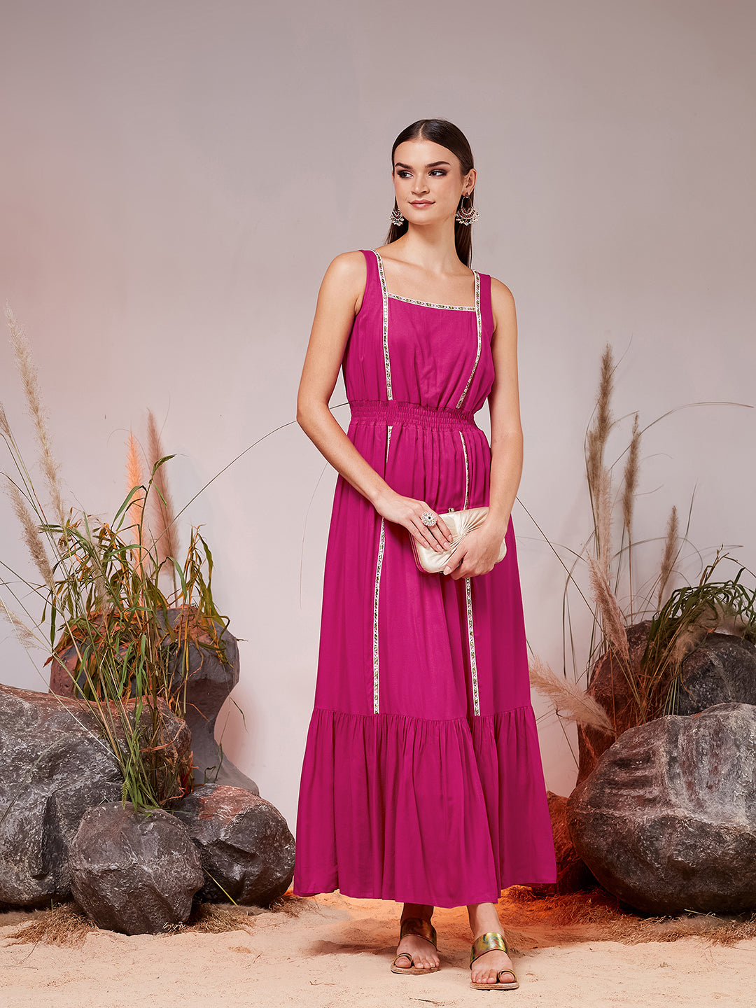 Pink Square Neck Sleeveless Solid Tiered Maxi Viscose Rayon Ethnic Dress for Women — Miss Chase