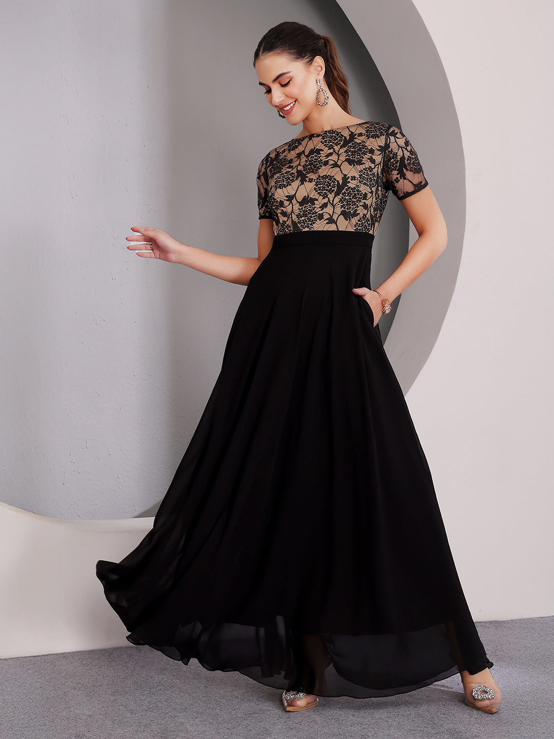 Women's Black Round Neck Half Sleeve Self Design Fit & Flare Georgette Maxi Dress