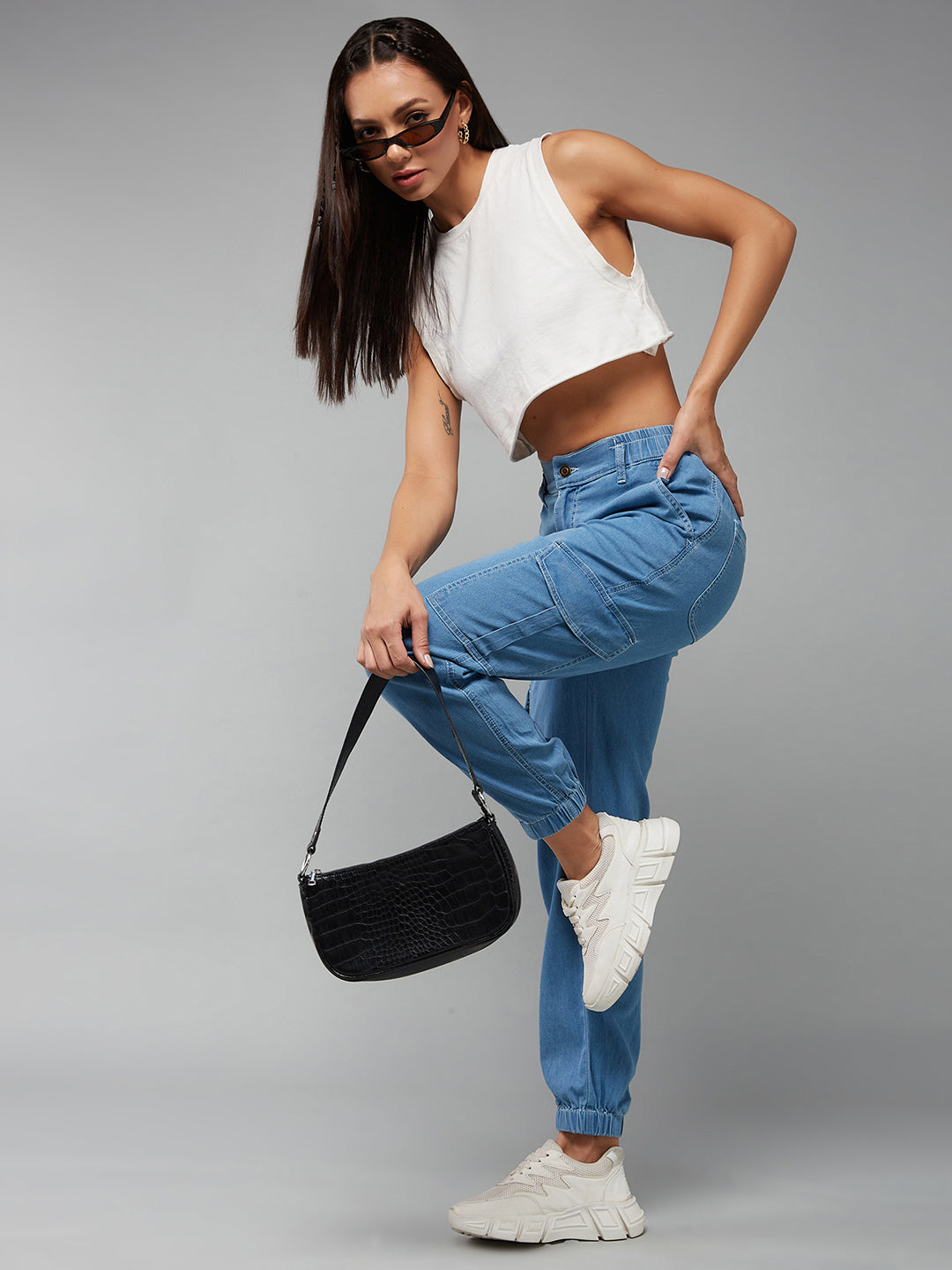 Women's Light Blue Regular High-Rise Clean-Look Light Weight Stretchable Denim Joggers