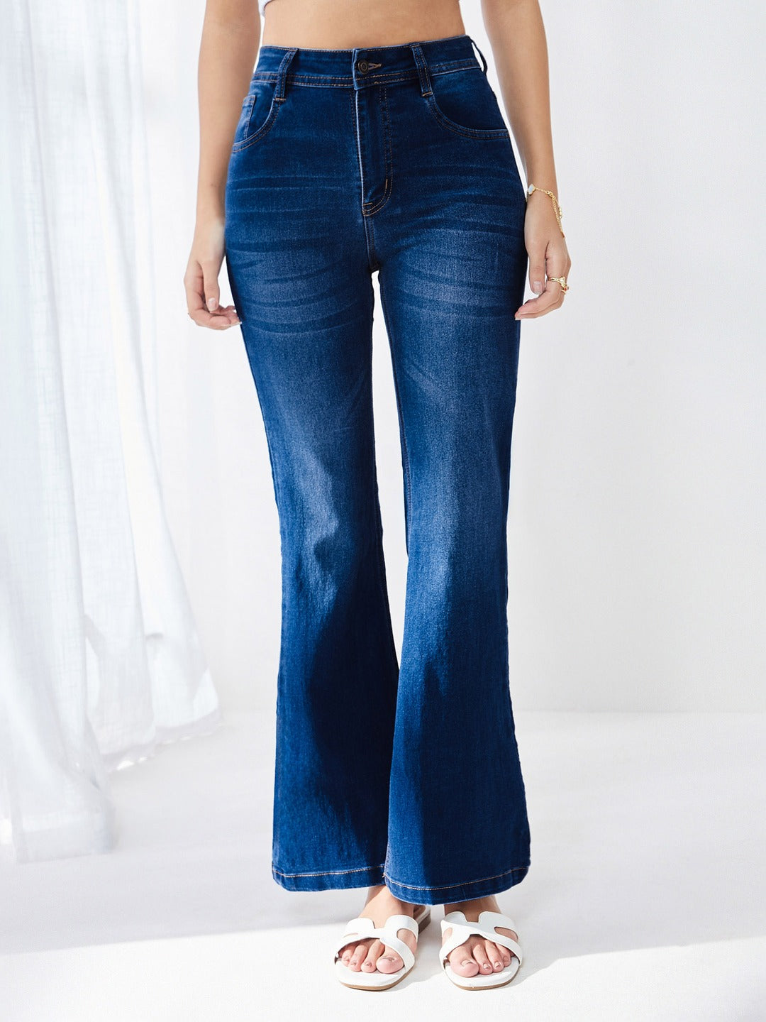 Blue Bootcut Mid Rise Regular Length Denim Stretchable Jeans for Women