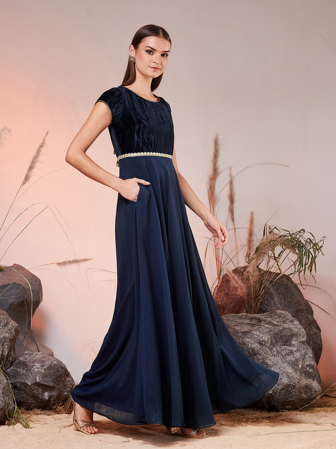 Women’s Navy-Blue Round Neck Short Sleeve Solid Fit & Flare Maxi Georgette Dress for Women