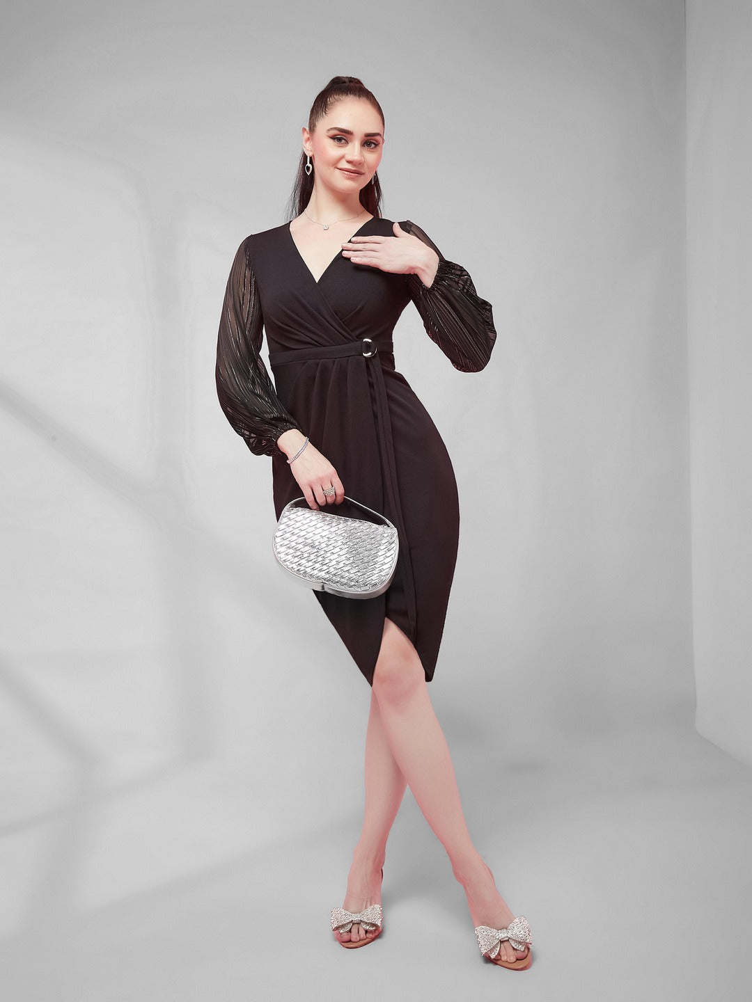 Black Solid V Neck Bishop Sleeves Front Pocketed Polyester Wrap Knee-Length Dress for Women