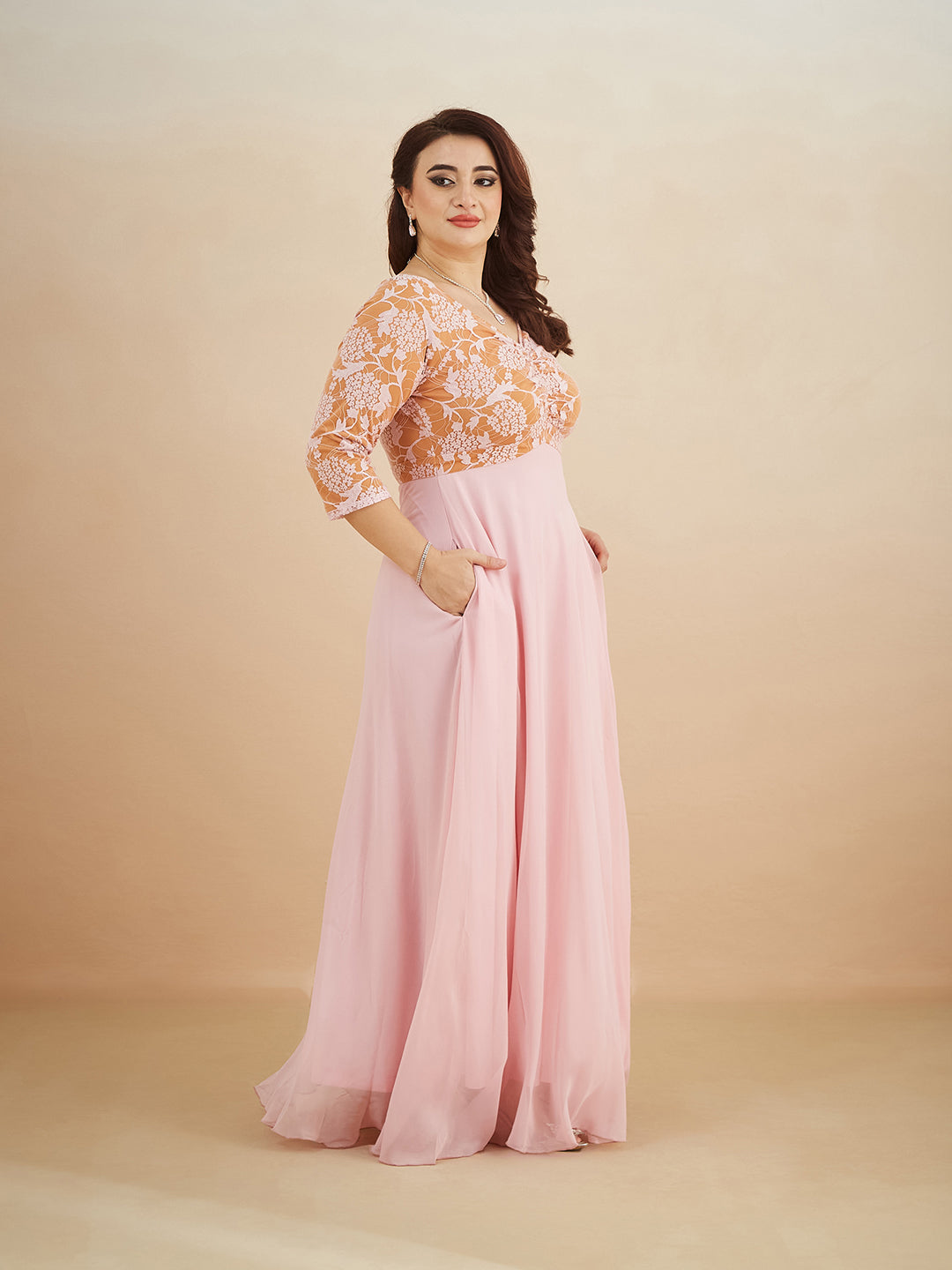 Dusty Pink V-Neck Raglan-Sleeve Self-Designed Empire-Styled Georgette Maxi Dress for Women
