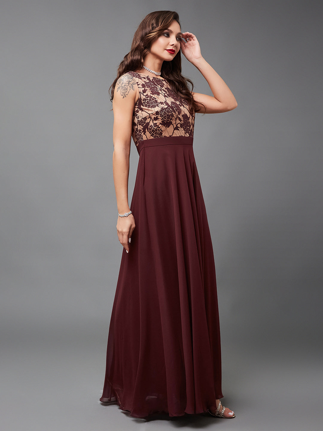Women's Beige & Wine Round Neck Sleeveless Georgette Floral Lace Fit & Flare Maxi Dress