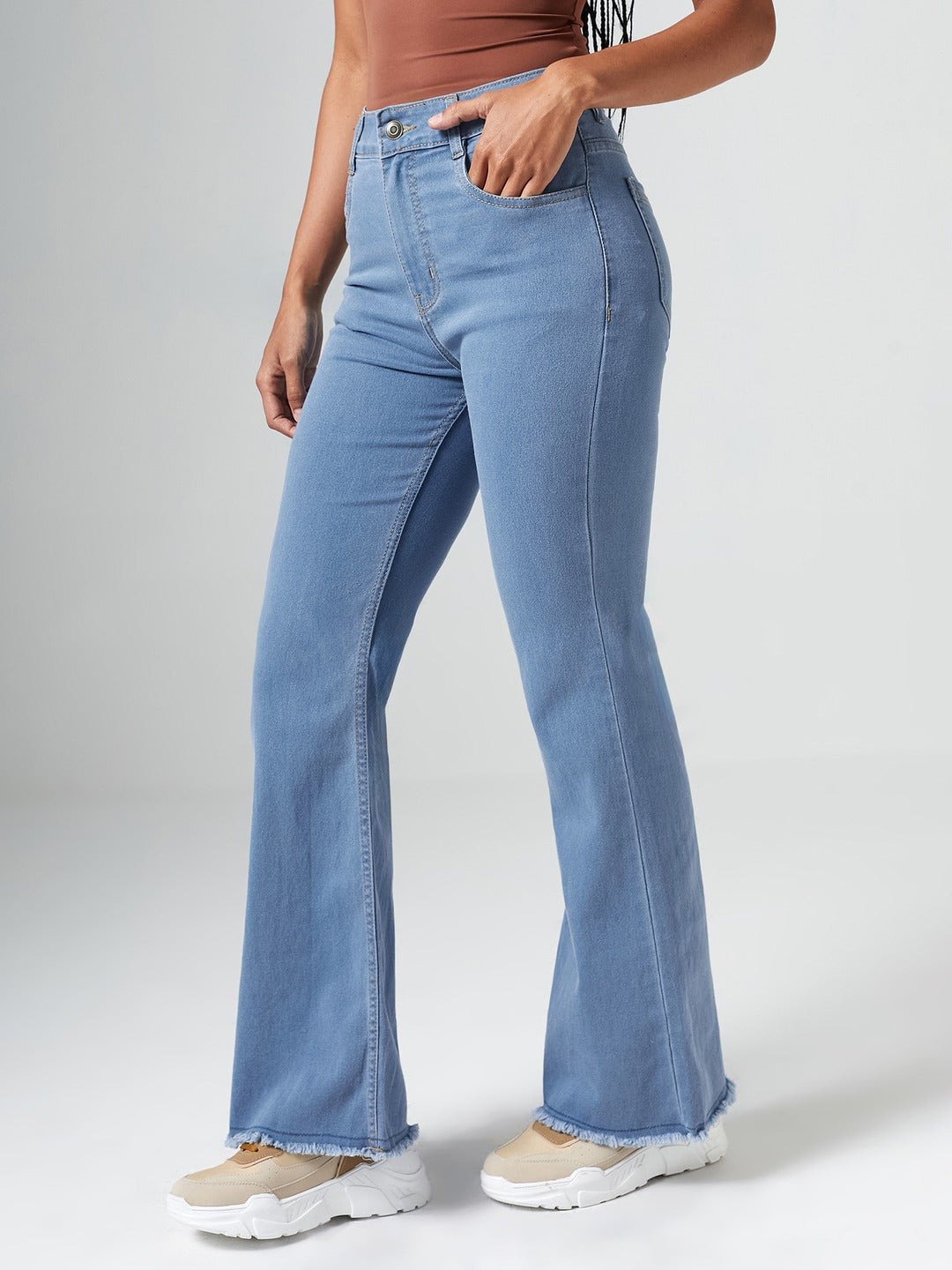 Light Blue Bootcut High rise Clean look Regular Stretchable Denim Jeans for Women
