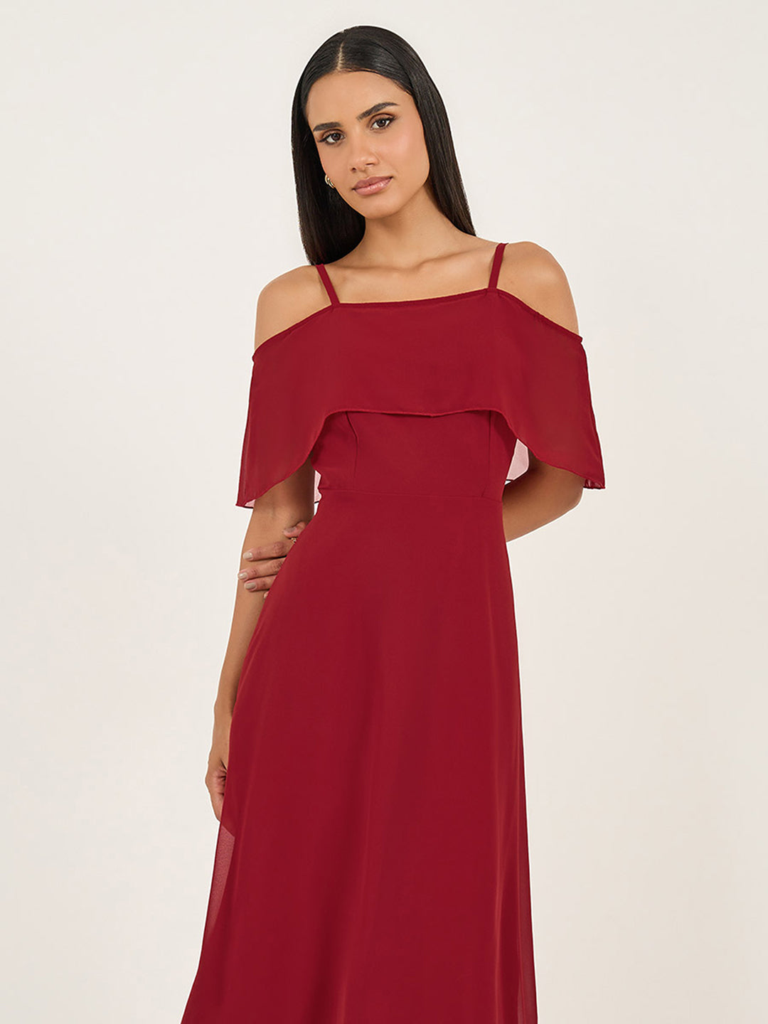 Women's Maroon Off-Shoulder Sleeveless Solid Skater Midi Dress