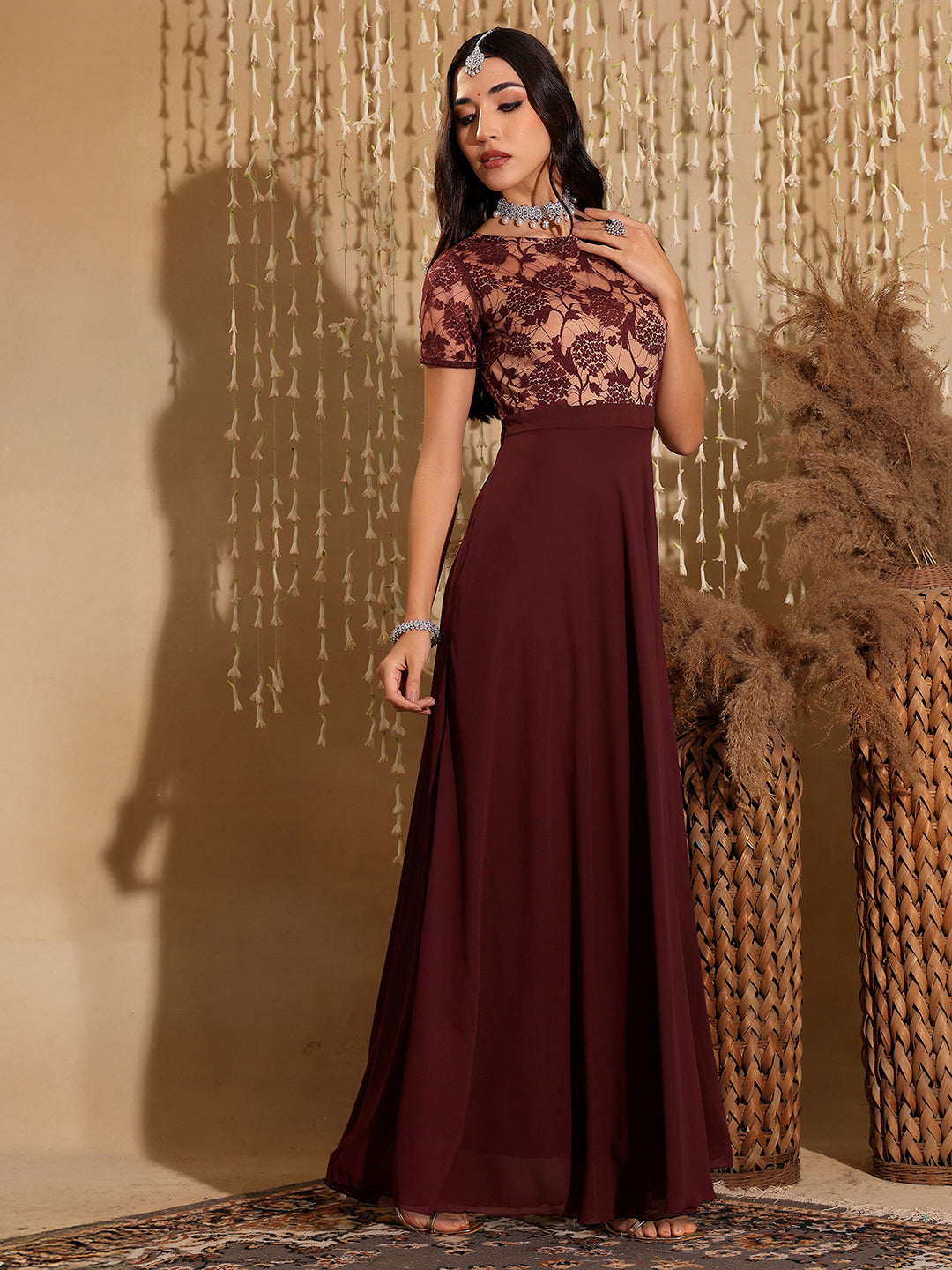 Women's Wine & Beige Relaxed Fit Regular Georgette Dress