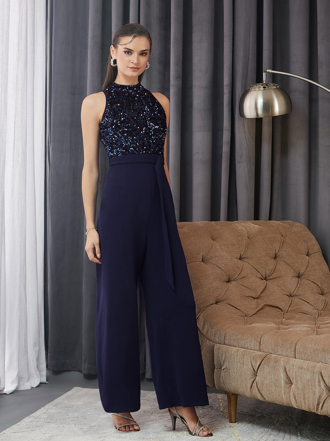 Women's Navy Blue Halter Neck Sleeveless Embellished Regular-Length Jumpsuit