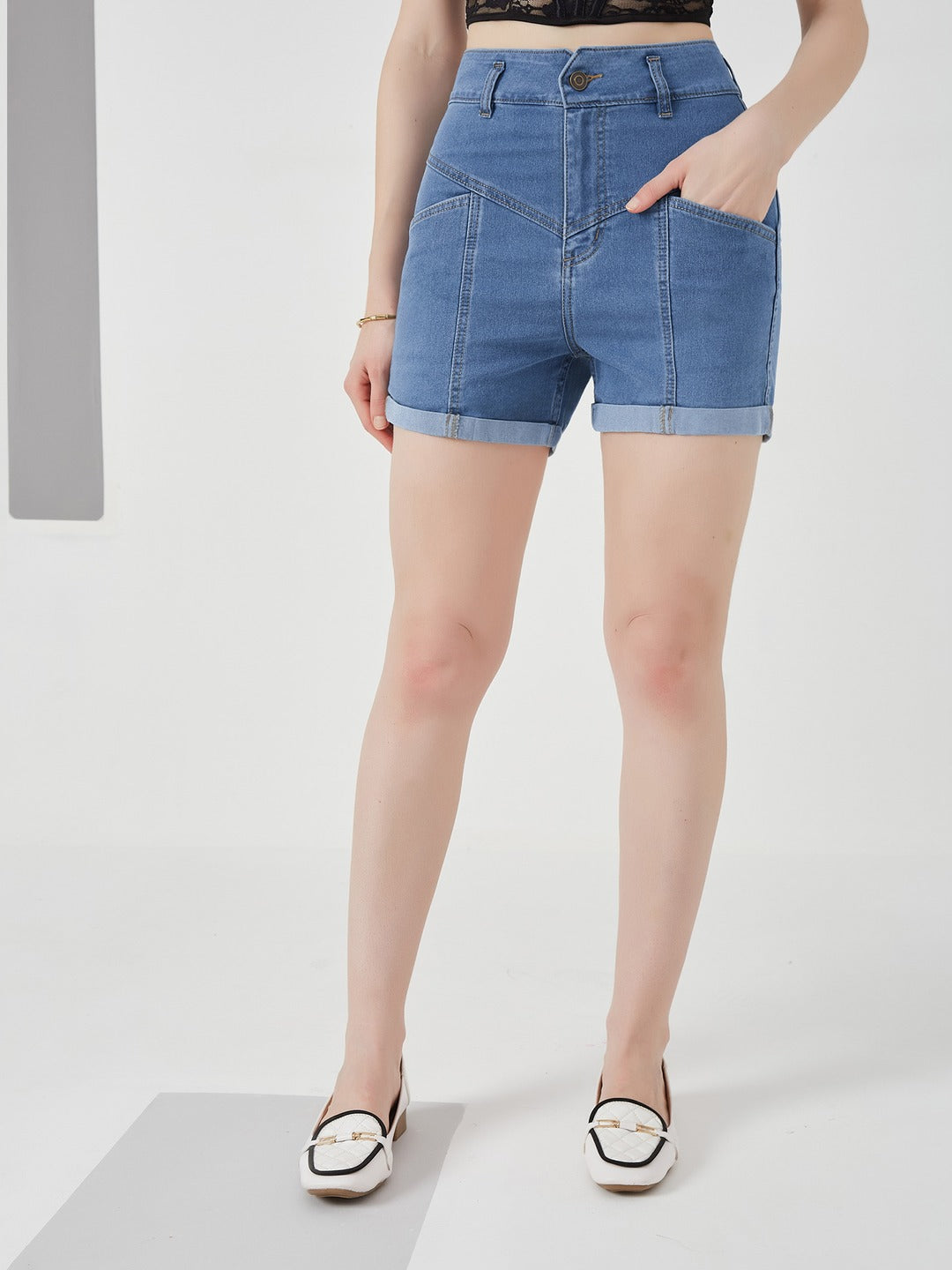 Blue Relaxed-Fit High-Rise Stretchable Blue Denim Shorts for Women