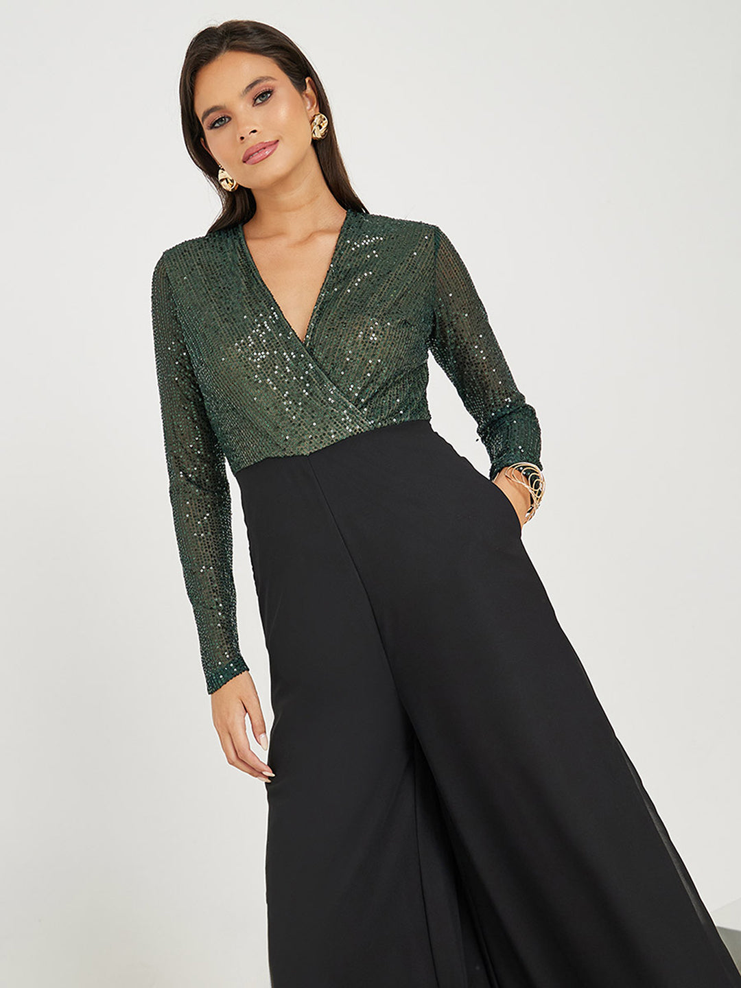 Women's Black V-Neck Full Sleeve Embellished Wrap Regular-Length Georgette Jumpsuit