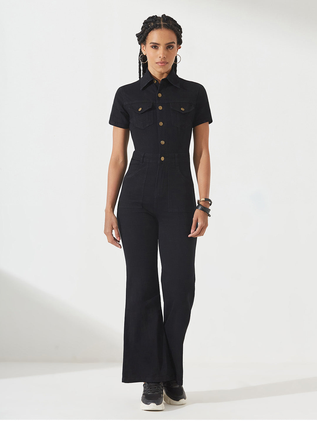 Black Flared High-Rise Stretchable Denim Jumpsuit for Women — Dolce Crudo