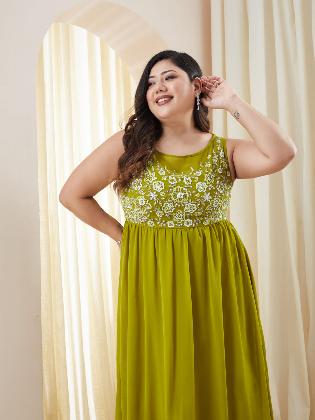 Lemon Green Boat-Neck Sleeveless Embroidered Georgette Gathered Maxi Dress for Women